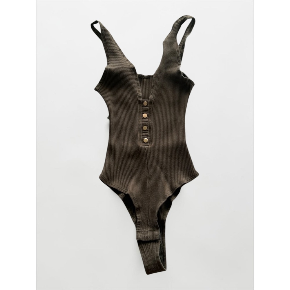 Windsor Womens Ribbed Henley Bodysuit Olive Brown V-Neck Sleeveless Small